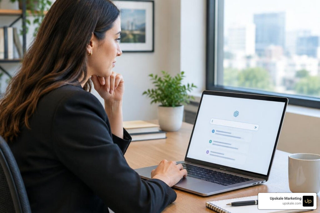 business owner using AI search on a laptop