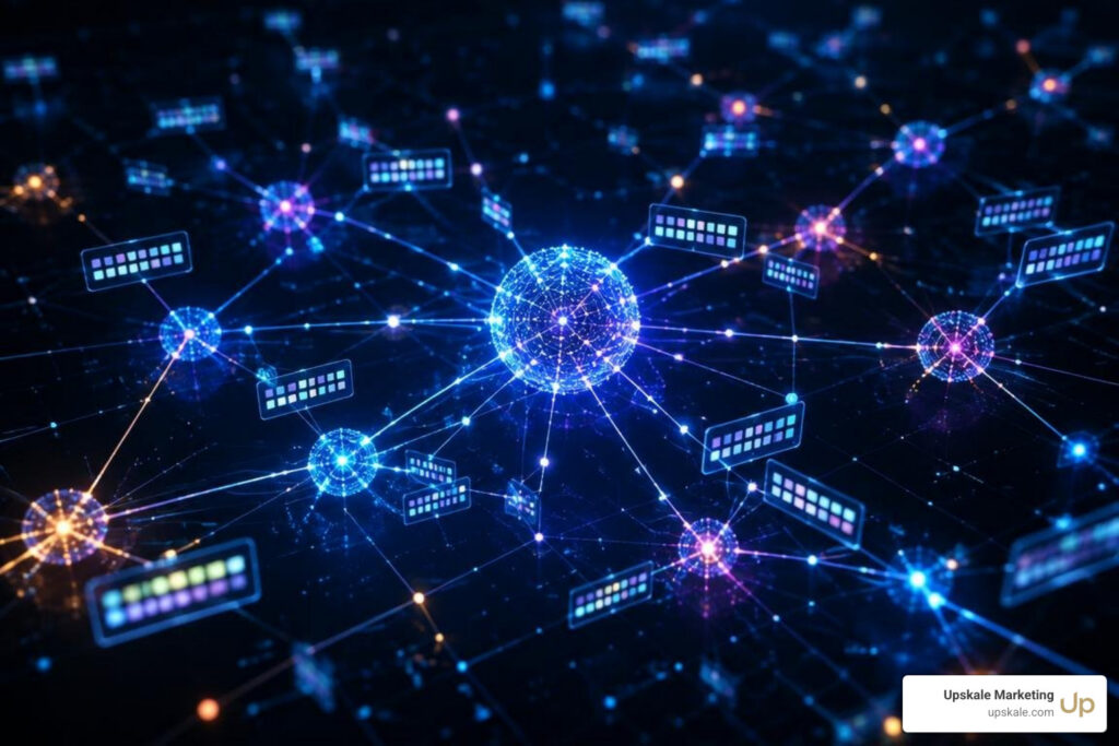 AI network illustration showing connections between information and sources